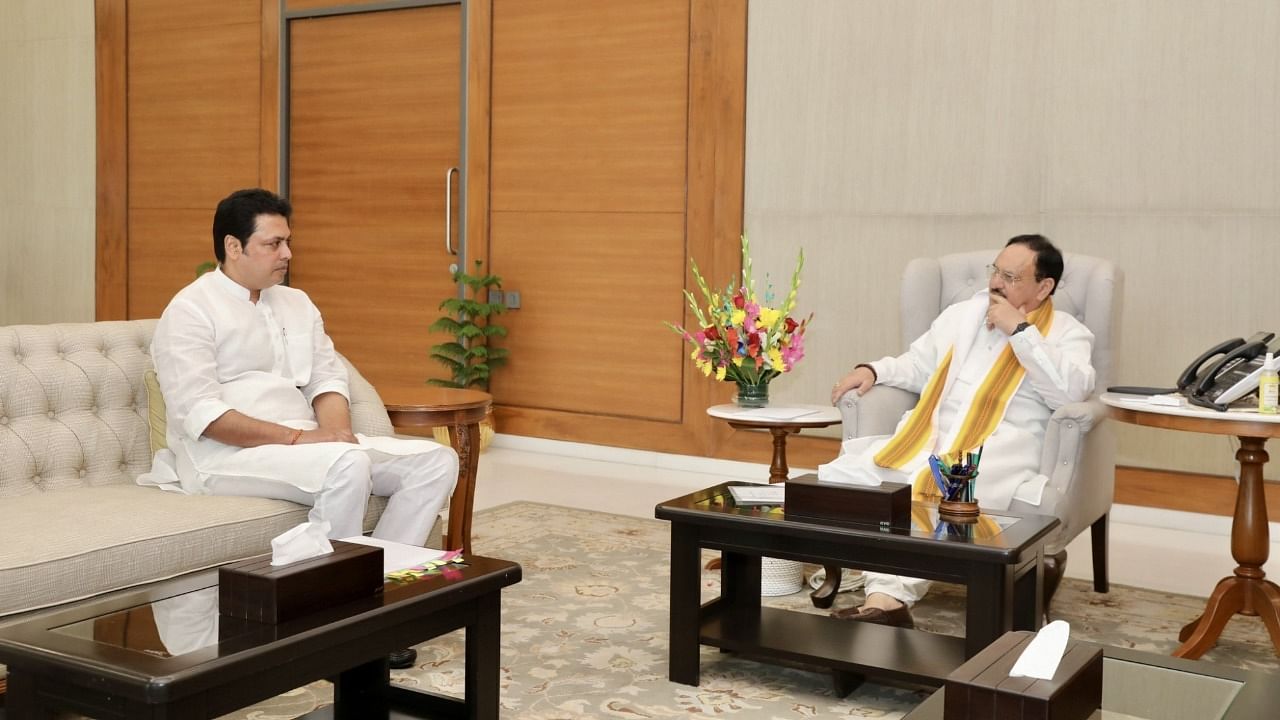 Former Tripura CM Biplab Deb with BJP President JP Nadda. Credit: IANS Photo