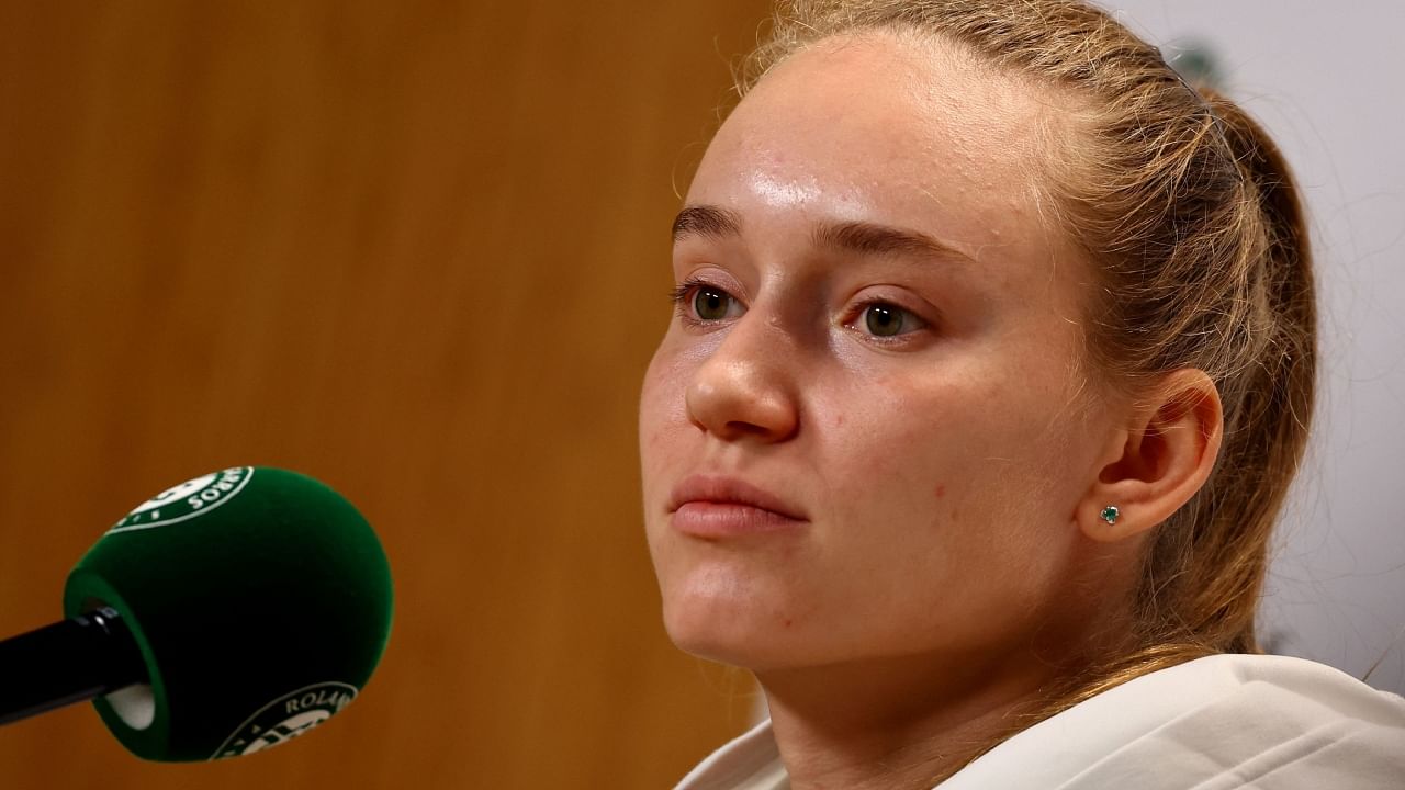 Kazakhstan's Elena Rybakina during the press conference after retiring from the competition, before her third round match against Spain's Sara Sorribes Tormo, due to health issues. Credit: Reuters Photo