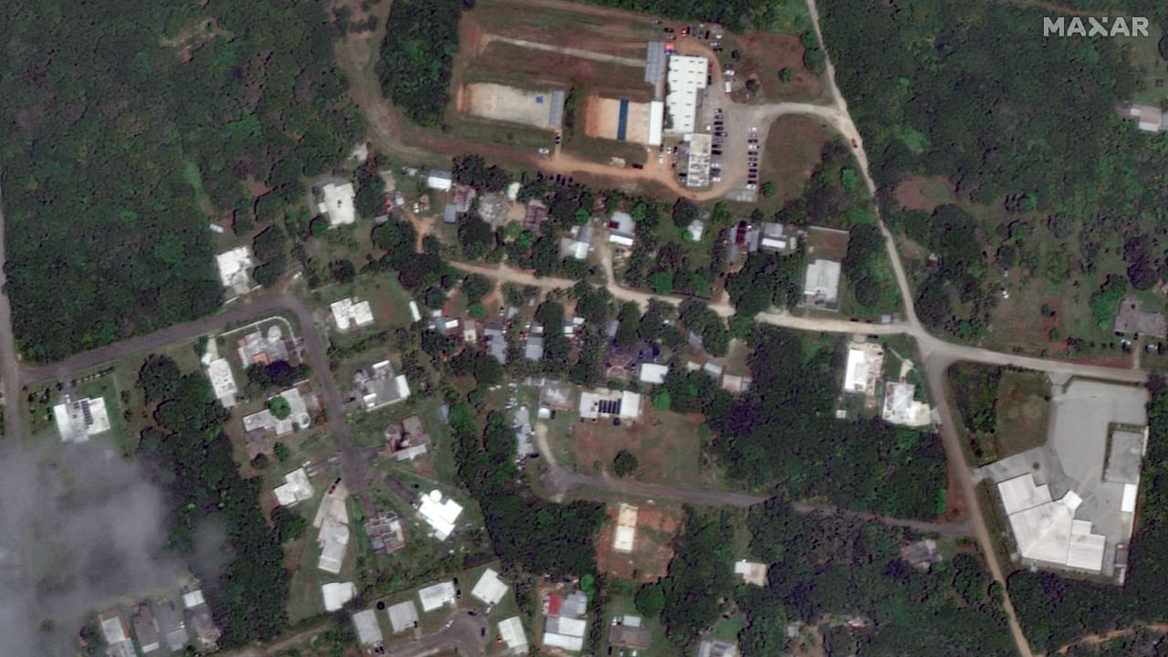 A satellite image shows a neighborhood before typhoon Mawar, in Dededo, Guam, May 20, 2023. Credit: Maxar Technologies/Handout via Reuters Photo