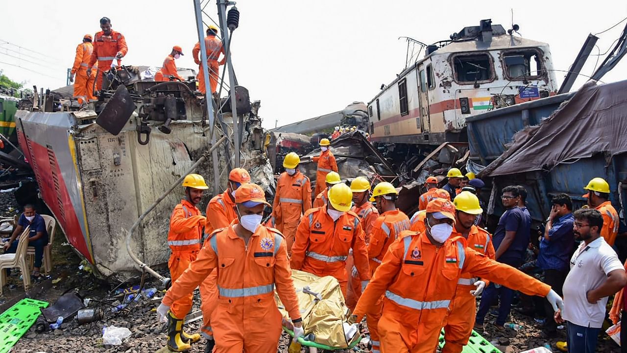 NDRF personnel carry out rescue work after an accident involving Coromandel Express, Bengaluru-Howrah Express and a goods train, in Balasore district, Saturday, June 3, 2023. Credit: PTI Photo