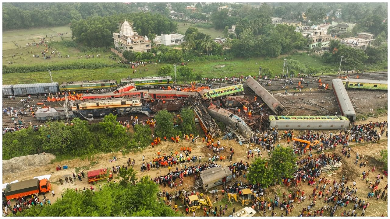 Rescue work under way after an accident involving Coromandel Express, Bengaluru-Howrah Express and a goods train, in Balasore district, Saturday, June 3. Credit: PTI Photo