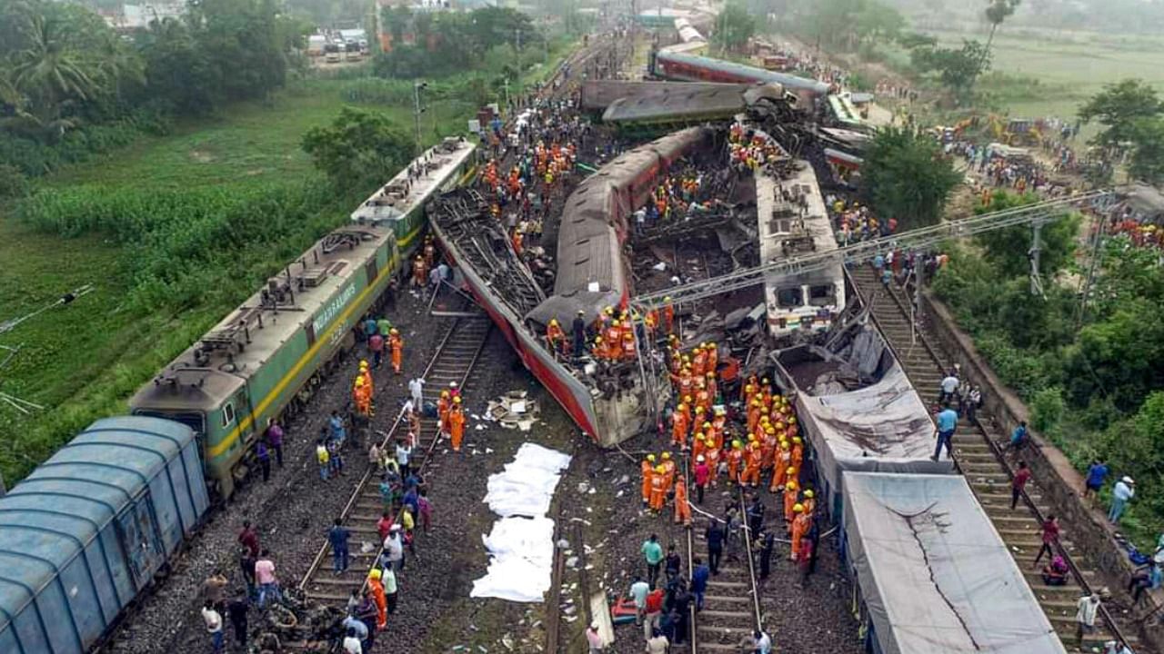 An aerial view of rescue operations under way after a 3-train collision in Odisha's Balasore. Credit: PTI Photo