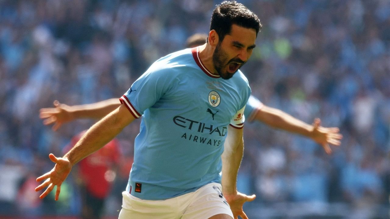 Manchester City's Ilkay Gundogan celebrates scoring their first goal. Credit: Reuters Photo