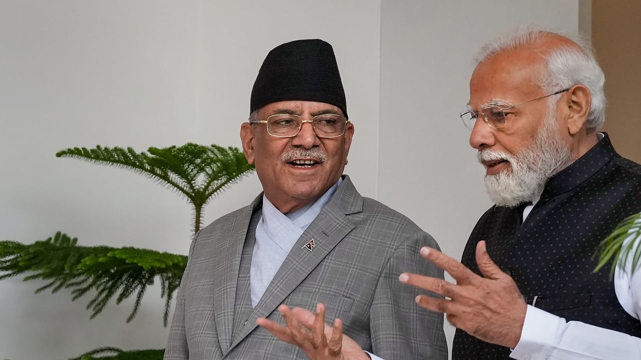 Prime Minister Narendra Modi with Prime Minister of Nepal Pushpa Kamal Dahal 'Prachanda'. Credit: PTI Photo