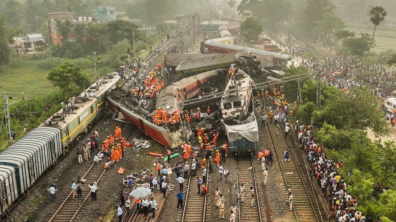 A rescue and search operation being conduted after the accident involving three trains that claimed at least 261 people and left 900 others injured, in Balasore district. Credit: PTI Photo