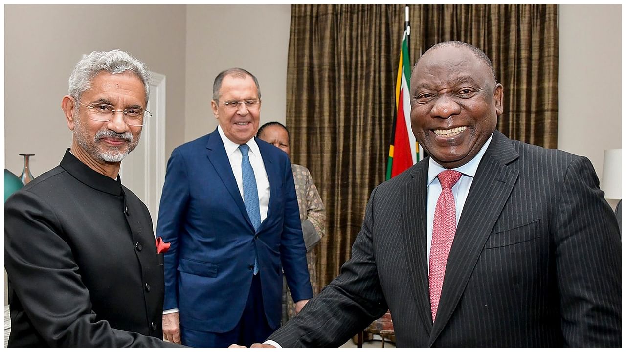 External Affairs Minister S Jaishankar along with other BRICS ministers meets President of South Africa Cyril Ramaphosa. Credit: PTI Photo