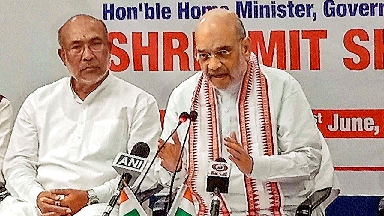 Union Home Minister Amit Shah with Manipur Chief Minister N Biren Singh. Credit: PTI File Photo