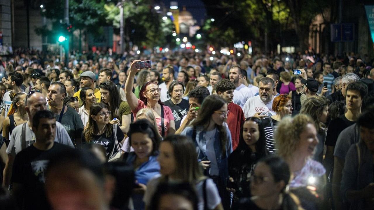 People attend a protest "Serbia against violence" by Serbia's opposition parties in reaction to the two mass shootings in the same week, in Belgrade, Serbia, June 3, 2023. Credit: Reuters Photo