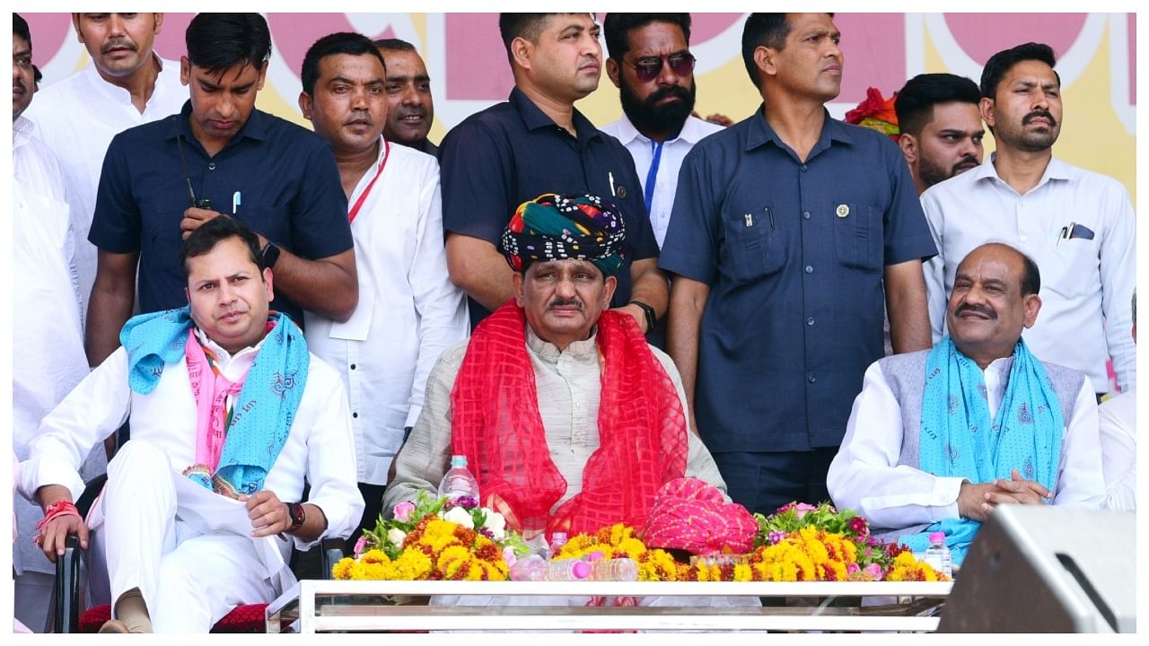 Lok Sabha speaker Om Birla attends the ongoing 'Mali Samaj mahasangam' at Vidyadhar Nagar Stadium, in Jaipur, on Sunday, June 04, 2023. Credit: IANS Photo