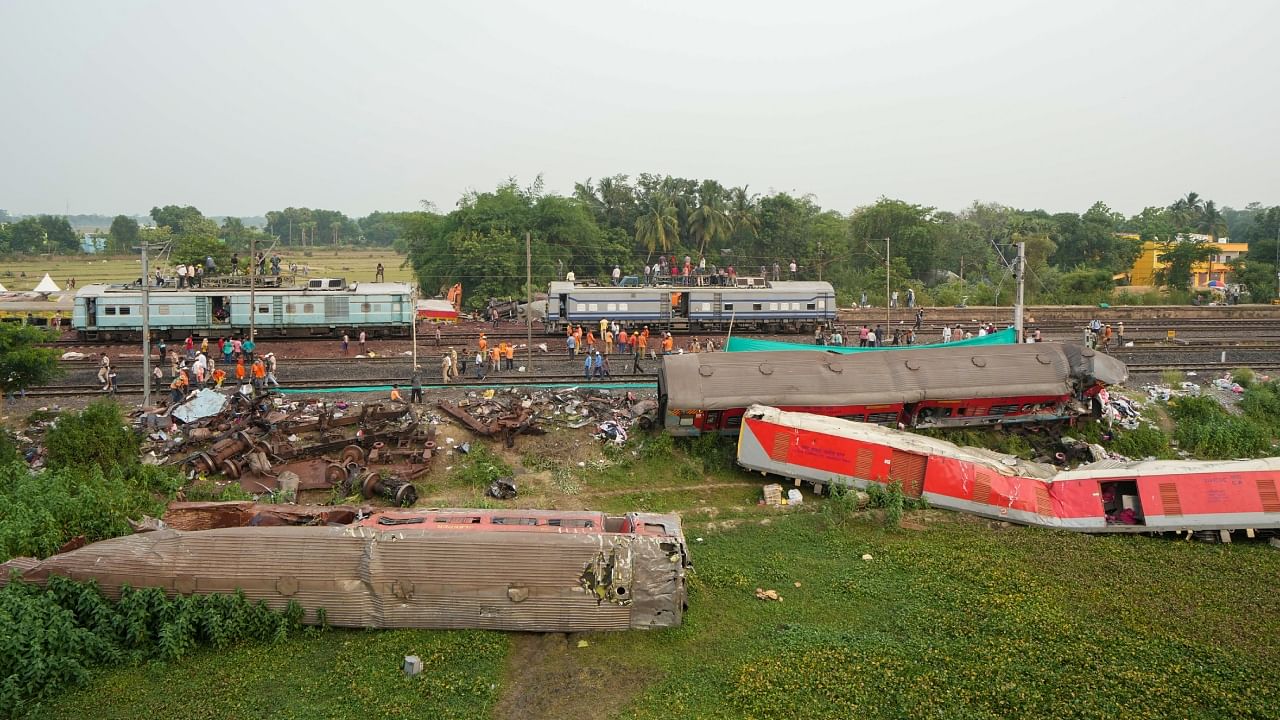 Restoration work at the site of Friday's triple train accident near Bahanaga Bazar railway station, in Balasore district. Credit: PTI Photo