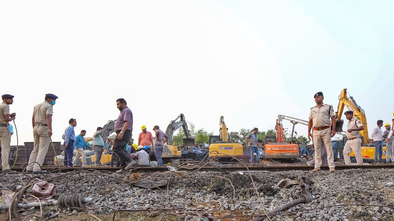 Restoration work at the site of the triple train accident near Bahanaga Bazar railway station, in Balasore district. Credit: PTI Photo