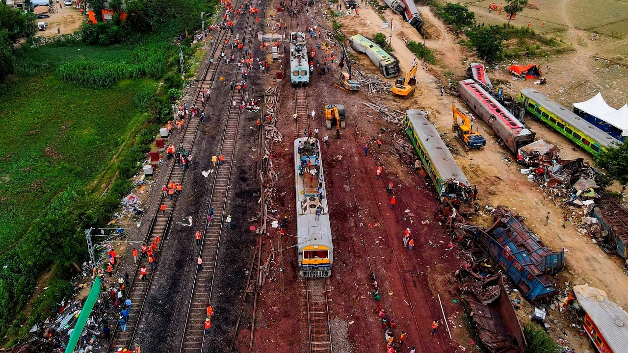 Drone shot of restoration work at the site of Friday's triple train accident near Bahanaga Bazar railway station in Balasore district. Credit: PTI Photo