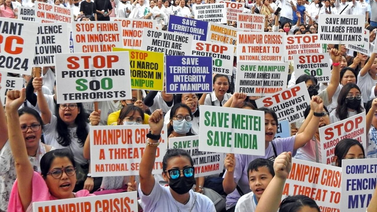 People from Meitei Community stage a protest against the ongoing violence in Manipur at Jantar Mantar, in New Delhi. Credit: IANS Photo