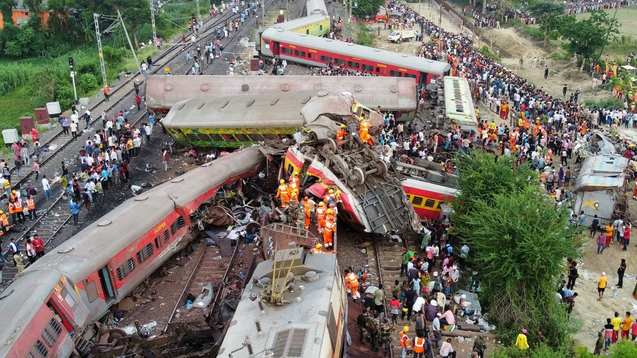 Drone view shows derailed coaches after trains collided in Balasore district. Credit: Reuters Photo