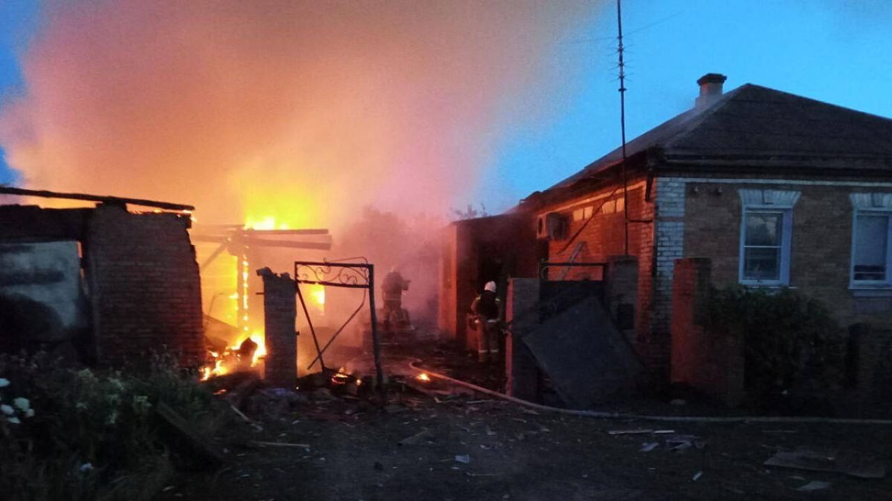 House on fire following shelling allegedly by Ukrainian forces in the village of Sobolevka, Belgorod region. Credit: Reuters Photo