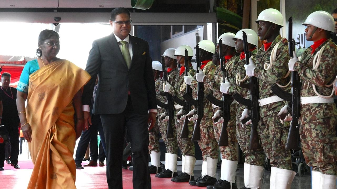 President Droupadi Murmu arrived in Paramaribo, Suriname on her first State Visit as the President of India. Credit: Twitter/@rashtrapatibhvn