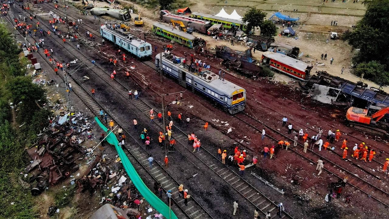 Drone shot of the restoration work at the site of the triple train accident near the Bahanaga Bazar railway station, in Balasore district of Odisha, Sunday, June 4, 2023. Credit: PTI Photo