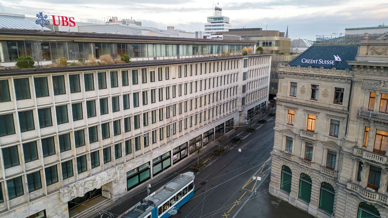 Buildings of Swiss banks UBS and Credit Suisse are seen on the Paradeplatz in Zurich, Switzerland, March 20, 2023. Credit: Reuters Photo