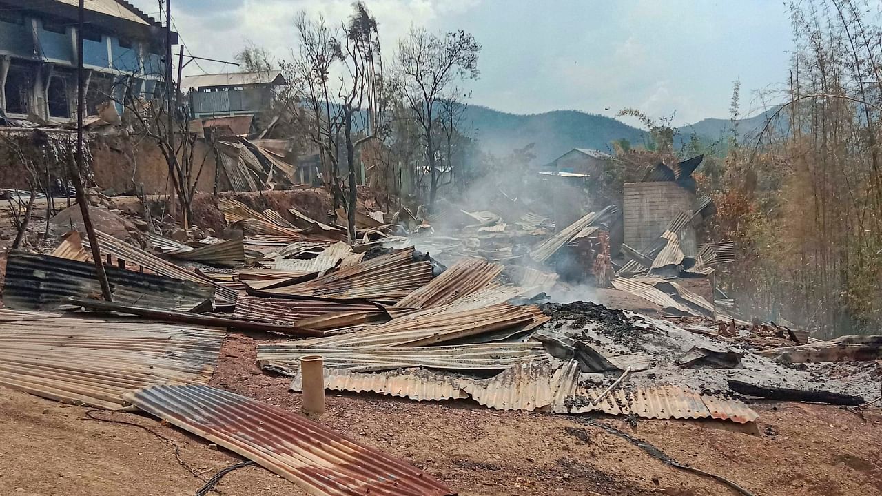 A view of damaged house in a violence-hit area in Manipur. Credit: PTI Photo