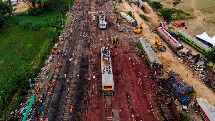 Drone shot of restoration work at the site of Friday's triple train accident near Bahanaga Bazar railway station in Balasore district. Credit: PTI Photo