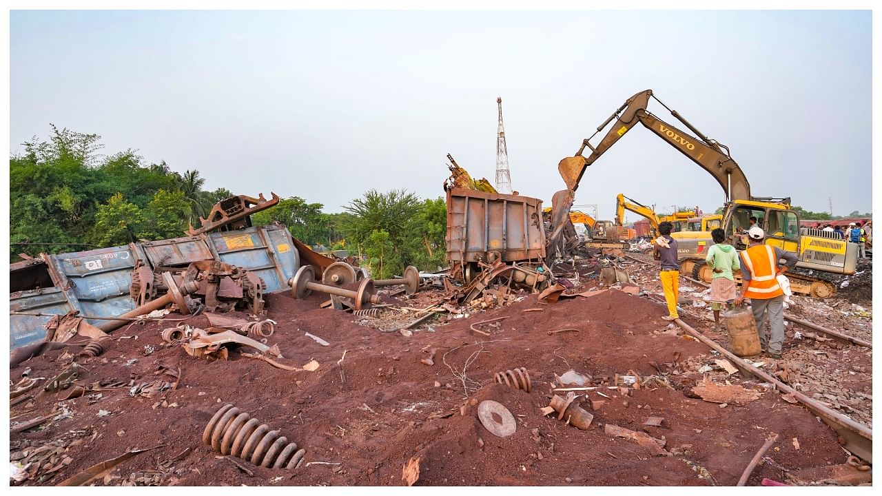 Restoration work underway at the site of the triple train accident near Bahanaga Bazar railway station, in Balasore district. Credit: PTI Photo