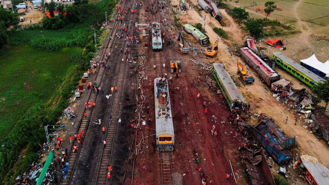 The Balasore train accident site. Credit: PTI Photo