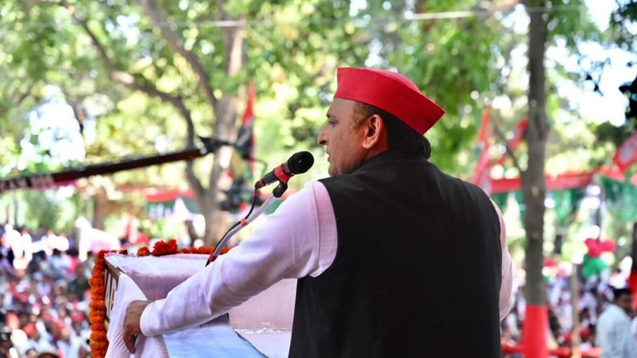 amajwadi Party chief Akhilesh Yadav addresses during a public meeting,in Lakhimpur Kheri, Tuesday, June 6, 2023. Credit: IANS Photo