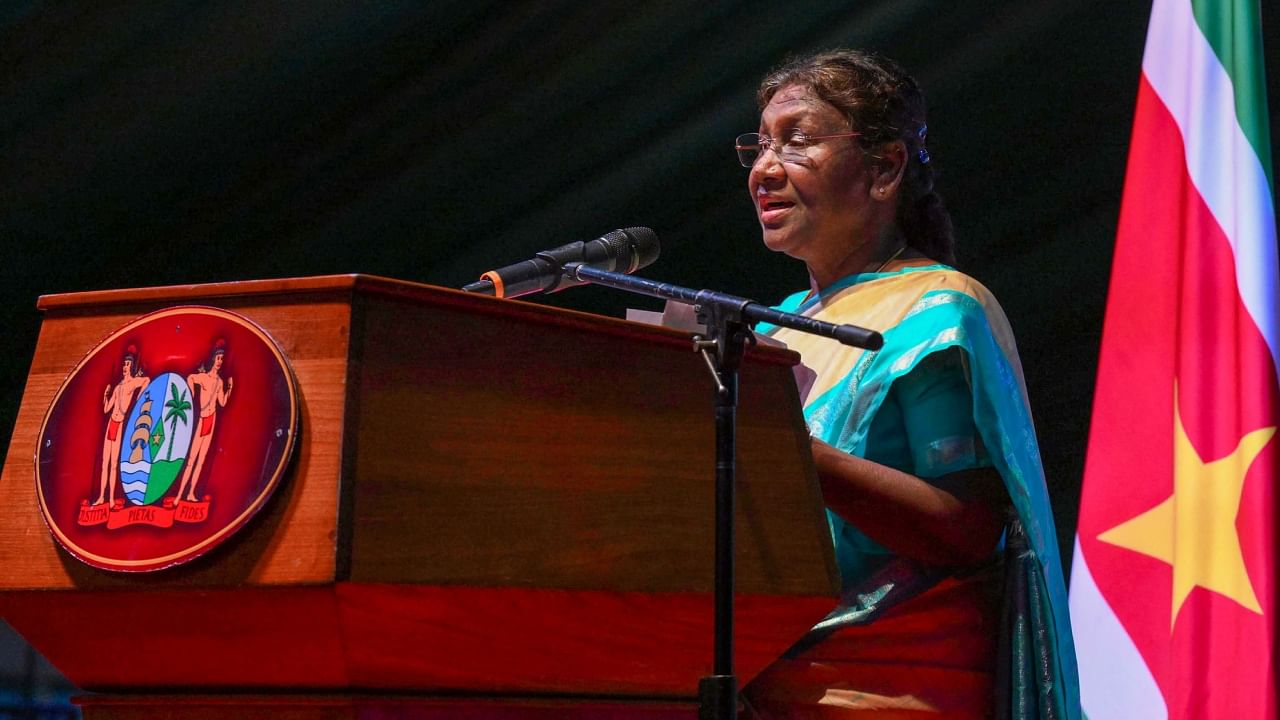 President Droupadi Murmu speaks during a cultural festival organised to commemorate 150 years of the arrival of Indians in Suriname, in Paramaribo, Suriname. Credit: PTI Photo