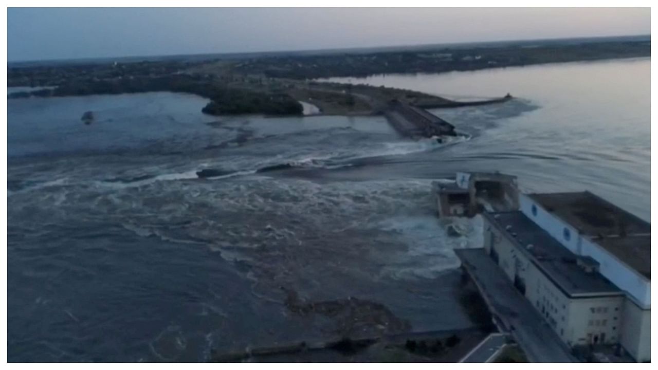 A general view of the Nova Kakhovka dam that was breached in Kherson region. Reuters Photo
