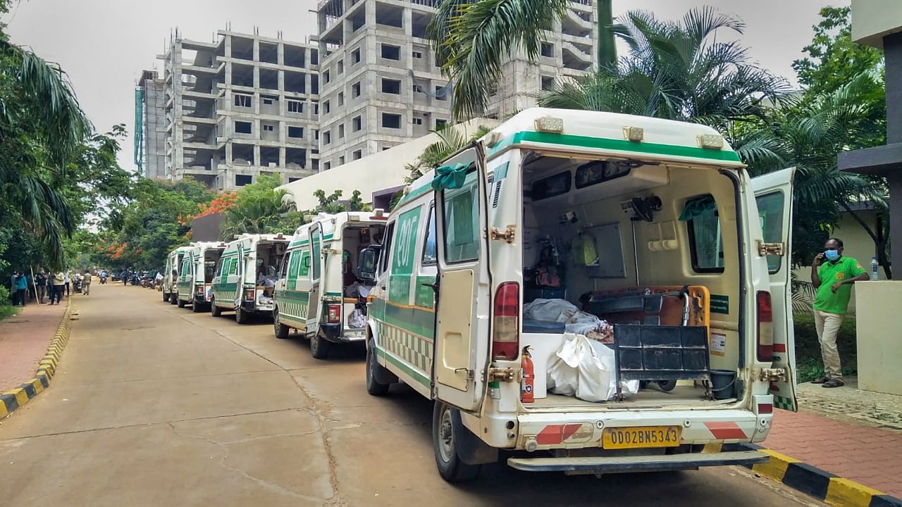 Ambulances carrying bodies of victims of the accident involving three trains at AIIMS, in Bhubaneswar, Sunday, June 4, 2023. Credit: PTI Photo