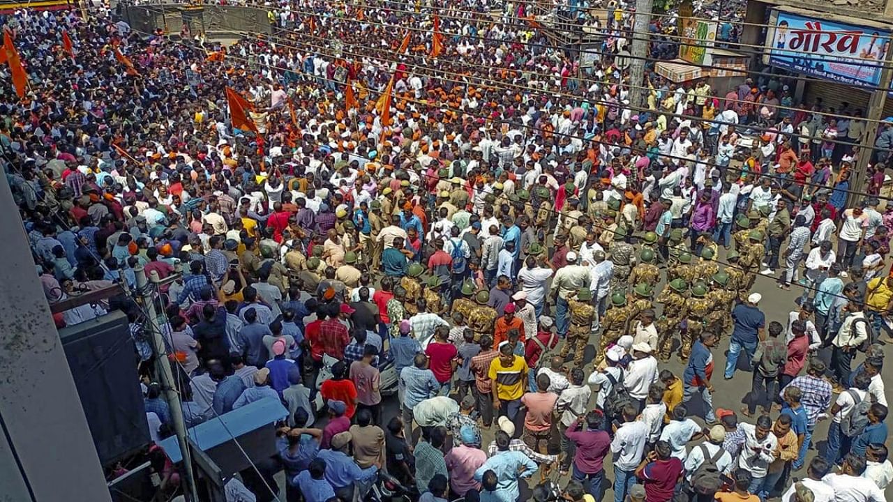 People gather to protest against the alleged use of Tipu Sultan’s image in objectionable social media posts, in Kolhapur district. Credit: PTI Photo
