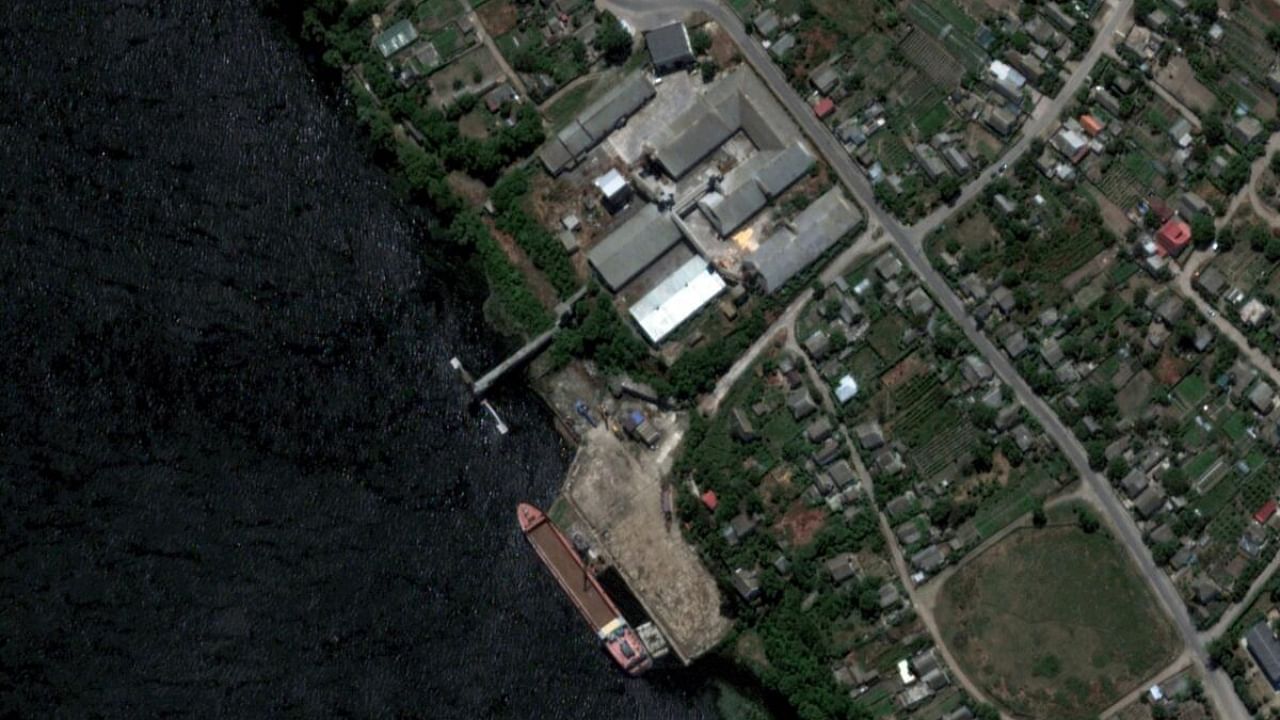 A satellite image shows the dock in Nova Kakhovka, Ukraine. Credit: Reuters Photo