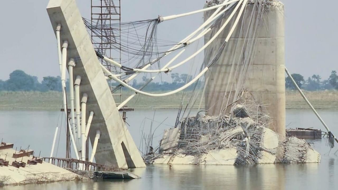 A view of the Bihar bridge that collapsed for the second time. Credit: IANS Photo