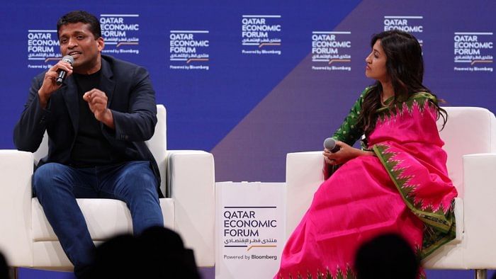 Byju’s Co-founders Byju Raveendran, left, and Divya Gokulnath in Doha, Qatar, on May 24.