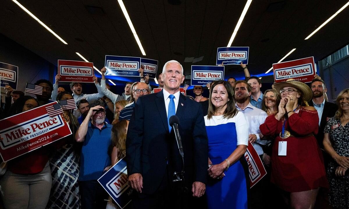 Karen Pence looks on as former US Vice President and 2024 Presidential hopeful Mike Pence is interviewed after his campaign launch event at the FFA Enrichment Center of the Des Moines Area Community College in Ankeny, Iowa, on June 7, 2023. Credit: AFP Photo