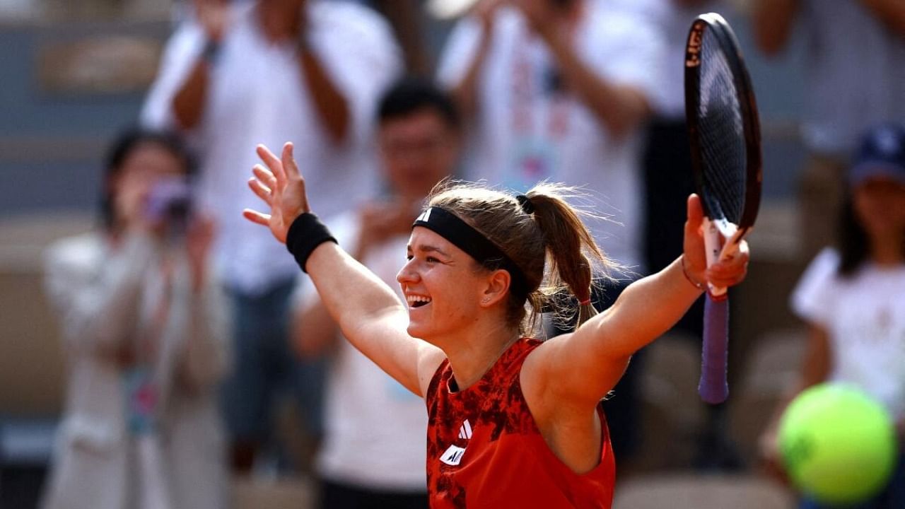Czech Republic's Karolina Muchova celebrates winning her semi final match against Belarus' Aryna Sabalenka. Credit: Reuters Photo