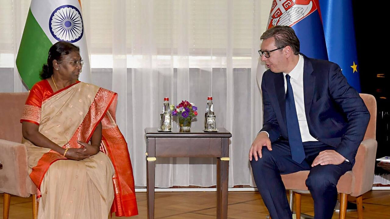 President Droupadi Murmu in a meeting with President of Serbia Aleksandar Vucic, in Belgrade. Credit: PTI Photo