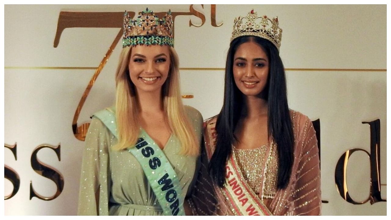 Miss World 2022 Karolina Bielawska with Femina Miss India World 2022 Sini Shetty. Credit: IANS Photo