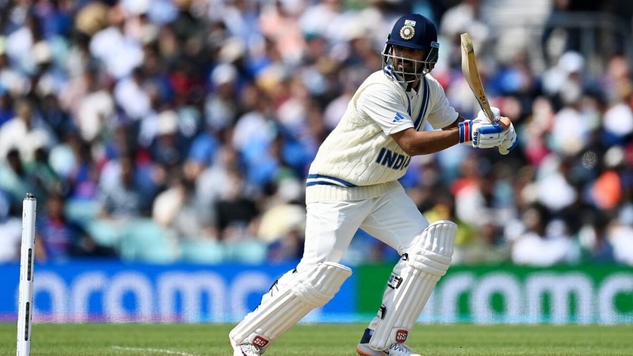 India's Ajinkya Rahane plays a shot during the third day of the ICC World Test Championship Final between India and Australia. Credit: IANS Photo