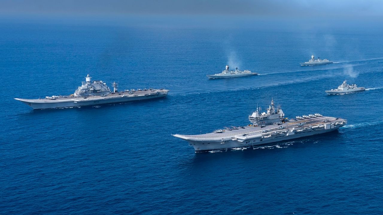 The successful demonstration of two-carrier battle group operations serves as a powerful testament to the pivotal role of sea-based air power in maintaining maritime superiority. Credit: Twitter/ @indiannavy
