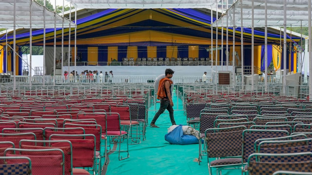 Preparations under way at the Ramlila Maidan for Aam Aadmi Party's Maha-Rally' against Centre's ordinance, in New Delhi. Credit: PTI Photo