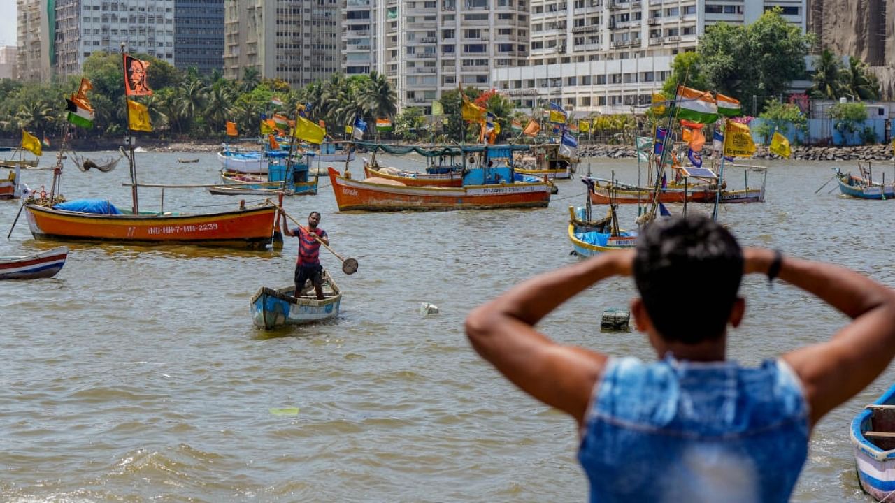 Fishing boats anchored at Badhwar Park jetty due to the formation of a depression over the southeast Arabian Sea, in Mumbai, Tuesday, June 6, 2023. The depression is likely to move northwestward and intensify into cyclonic storm 'Biparjoy', the India Meteorological Department said on Tuesday. Credit: PTI Photo