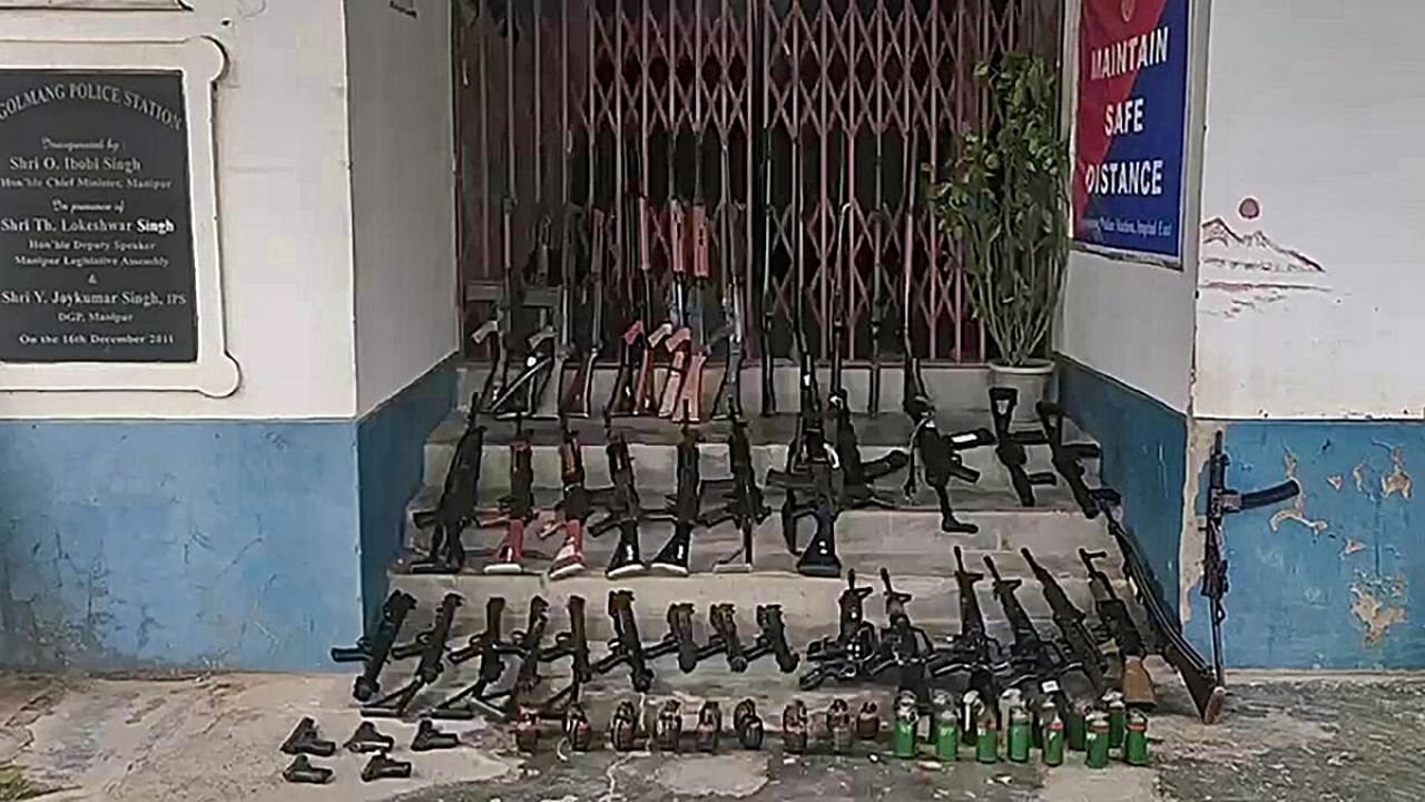 Weapons surrendered at different locations in Manipur after Union Home Minister Amit Shah's appeal, on Friday, June 2, 2023. Credit: PTI Photo