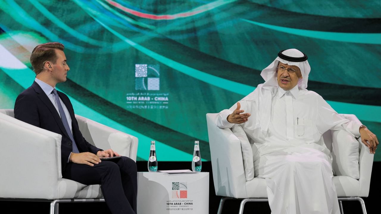 Saudi Arabia's Minister of Energy Prince Abdulaziz bin Salman Al-Saud speaks as event moderator Dan Murphy listens during 10th Arab-China Business Conference in Riyadh, Saudi Arabia, June 11, 2023. Credit: Reuters Photo