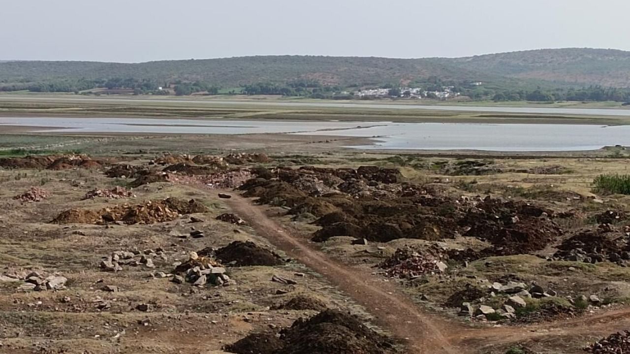 Loads of mud, construction debris and trash dumped in the backwaters of Almatti dam in Bagalkot district. Credit: DH Photo