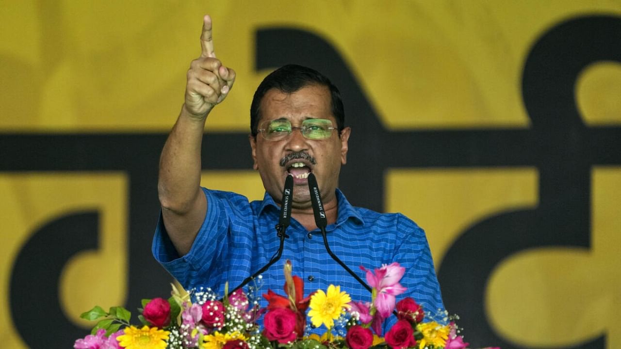 Delhi Chief Minister Arvind Kejriwal addresses AAP's "maha rally". Credit: PTI Photo