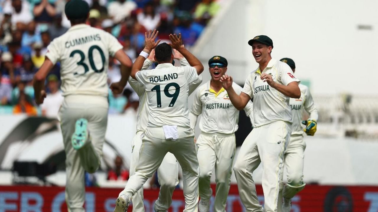  Australia's Scott Boland celebrates after taking the wicket of India's Ravindra Jadeja. Credit: Reuters Photo