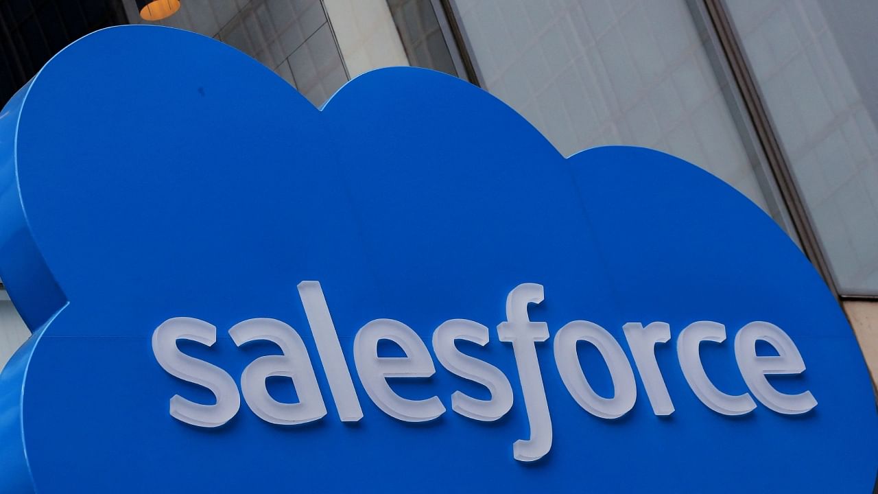 The company logo for Salesforce.com is displayed on the Salesforce Tower in New York City. Credit: Reuters Photo