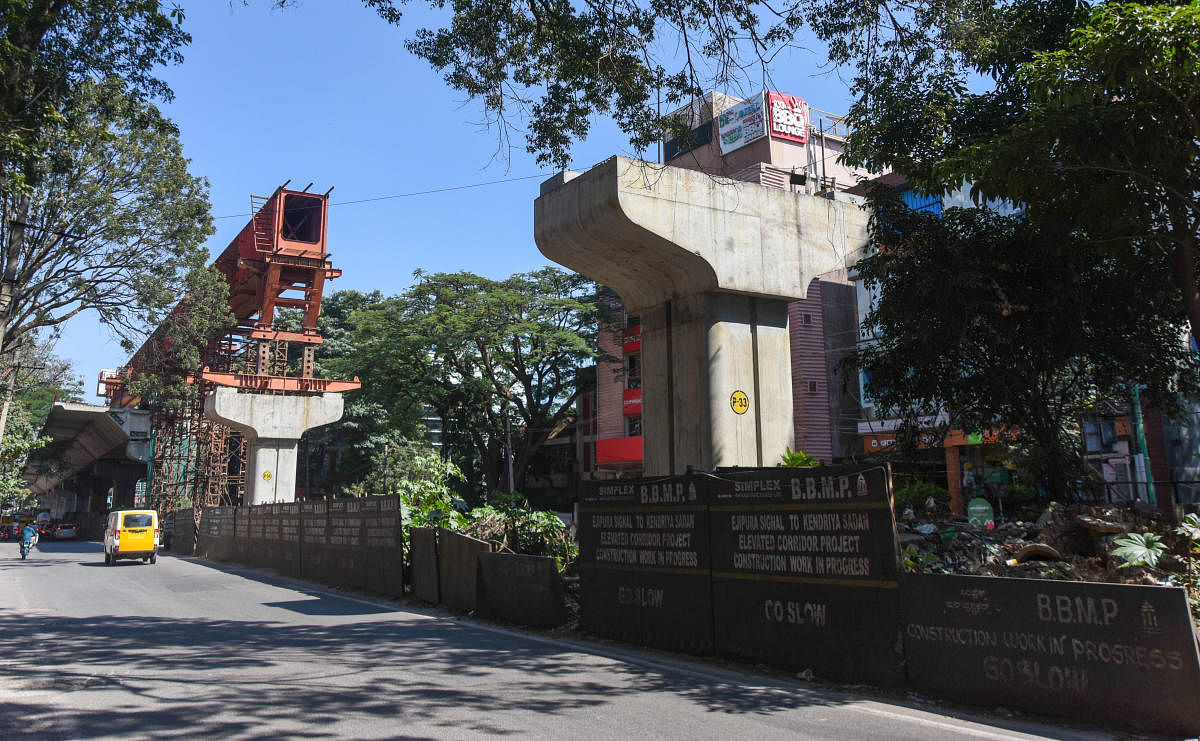The 2.5-km Ejipura flyover, which is to connect Sony World Junction with Kendriya Sadan in Koramangala, was supposed to be completed in November 2019. DH FILE PHOTO 