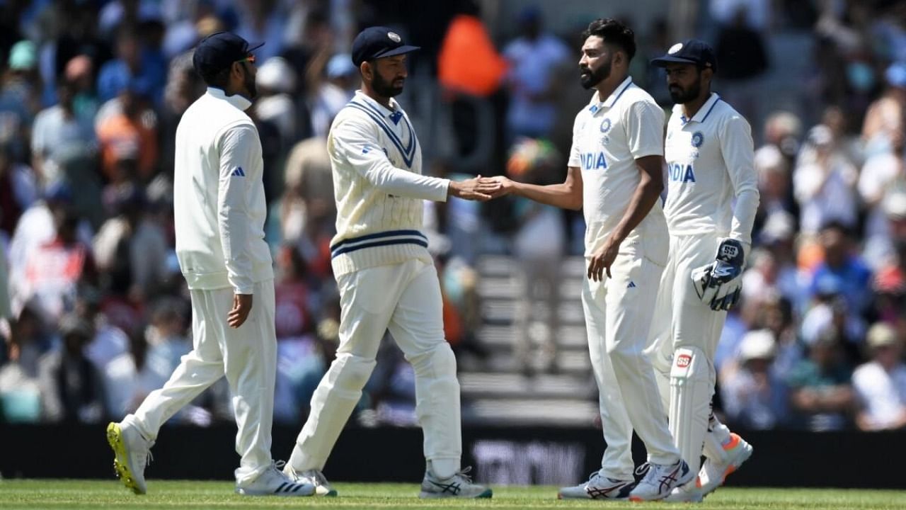 India's Mohammed Siraj with teammates celebrate the dismissal of Australia's captain Pat Cummins as Australia all out for 469 in the first innings on the second day of the ICC World Test Championship Final between India and Australia at The Oval cricket ground in London, Thursday, June 8, 2023. Credit: IANS/BCCI Photo